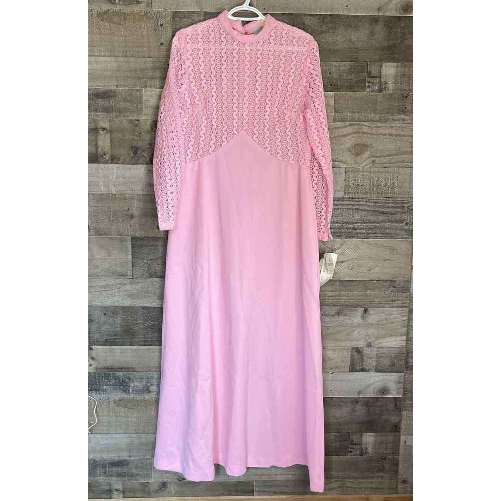 VTG Montgomery Ward Union Made Maxi Modest Dress Long Sleeve Lace Prairie NWT